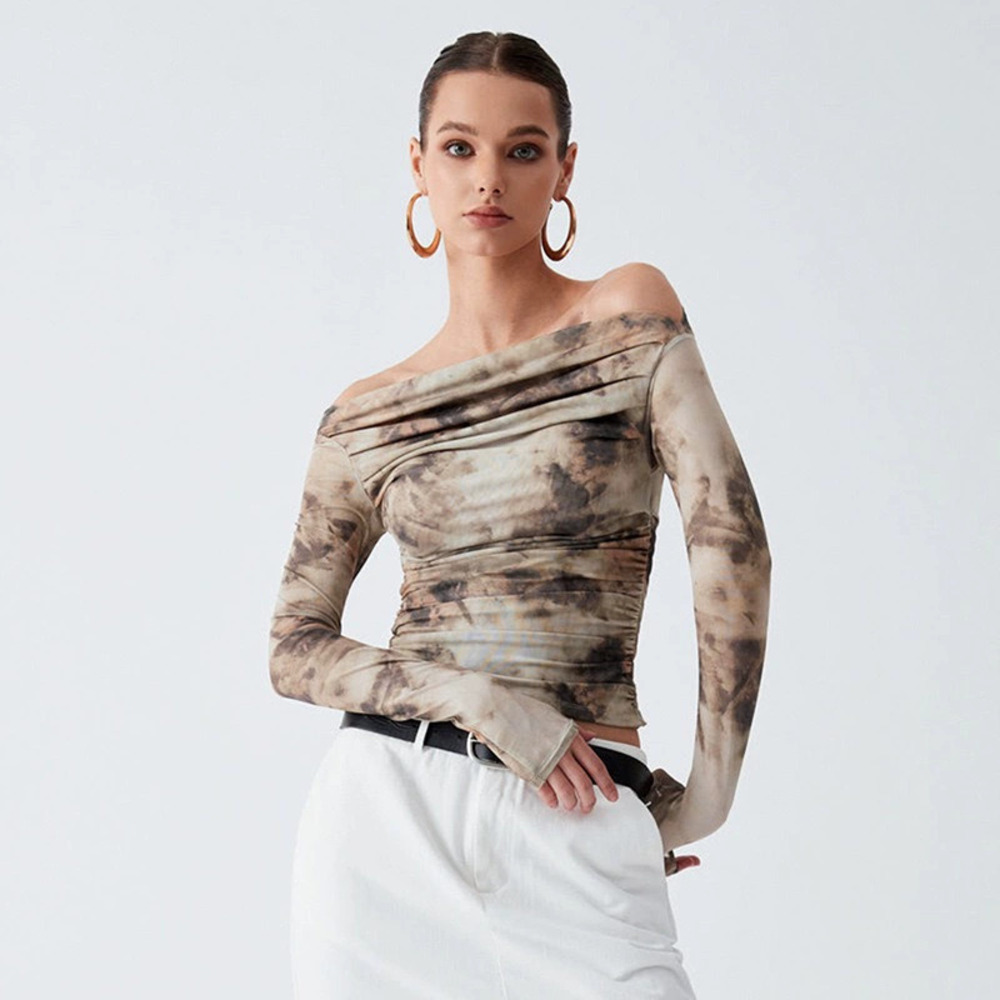ZARA Sexy Vintage Print Off Shoulder Pleated Crop Top Women Spring